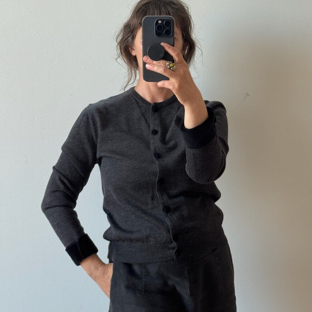 Vintage VALENTINO Charcoal Wool Cardigan w Velvet Cuffs